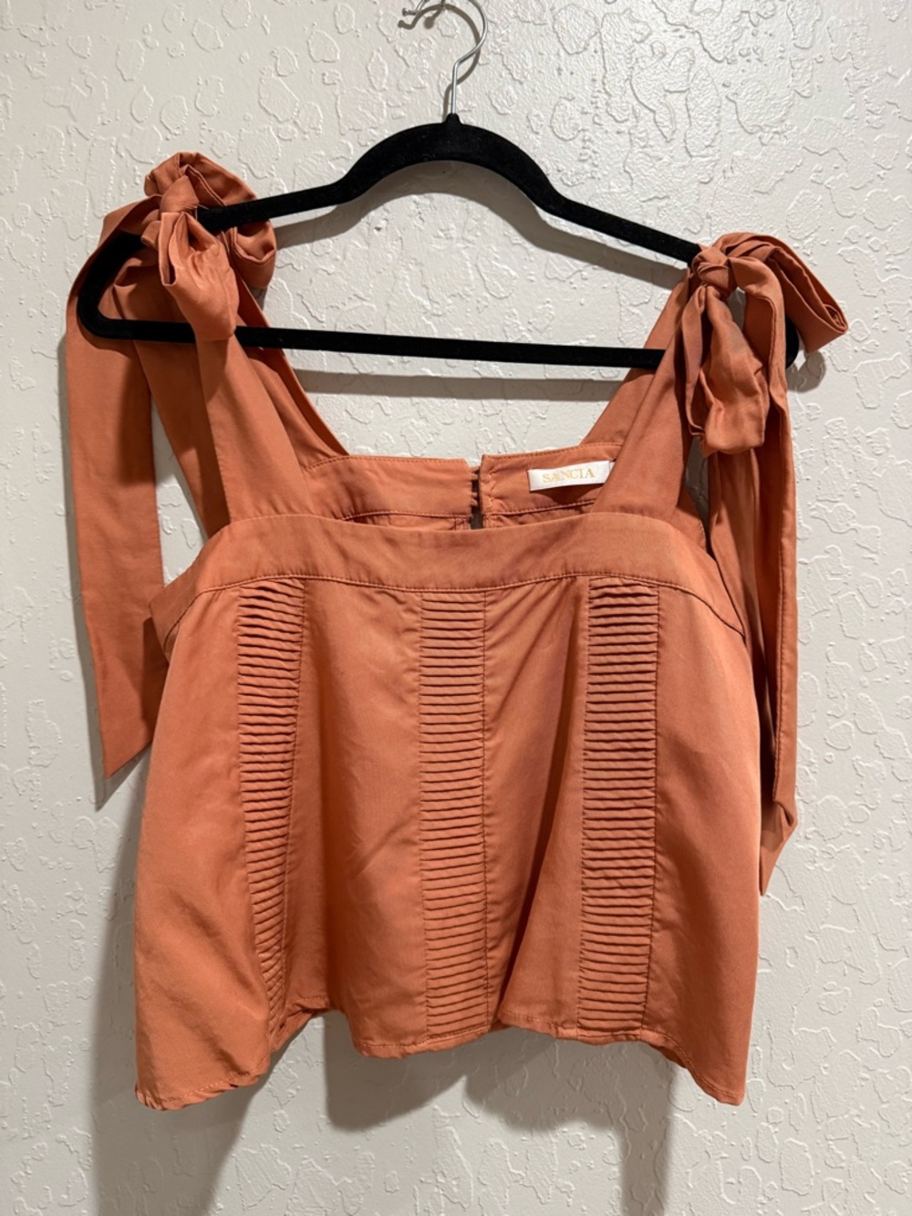SANCIA (Anthropologie) Terracotta Tie-Shoulder Pleated Boho Crop Top
